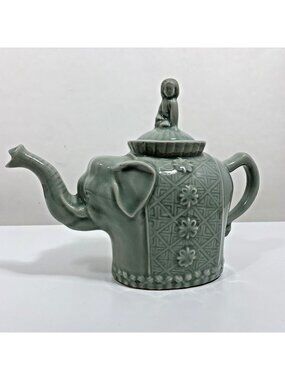 VTG 90s Pier 1 Boho Elephant Ceramic Teapot Celadon Green Asian Decor